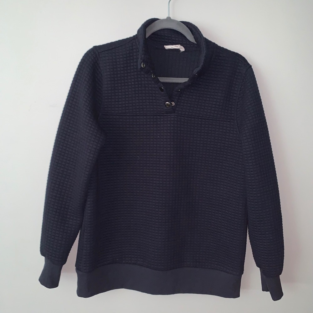 Doe and Rae Navy Blue Quilted Waffle Knit Snap Mock Neck Pullover Sweater Small